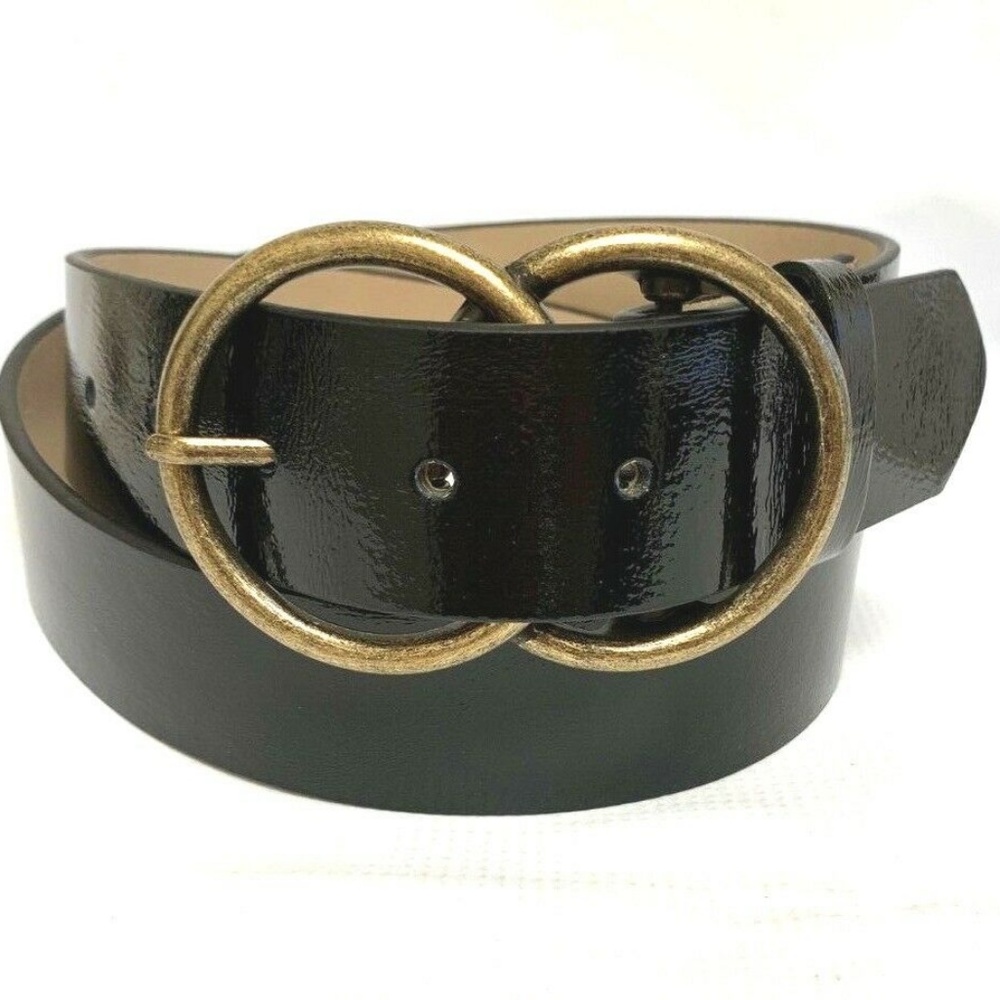 Double Ring Brass Buckle Black Patent Belt